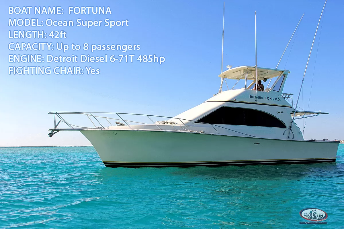 Fortuna yacht for fishing trip offshore Punta Cana beach Ocean Super Sport Model 42 ft convertible 