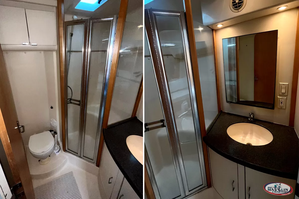 Bathroom fishing boat Blue Sky Luhrs 36 open Big Marlin Charters fleet