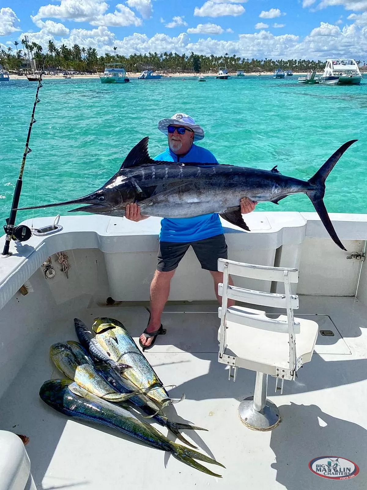 Trophy white marlin landed on a deep sea fishing trip in Punta Cana with professional crew and calm Caribbean waters.